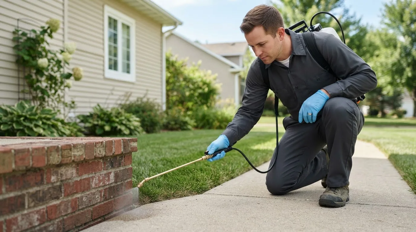 Pest control technician treating a home near Roeland Park, KS