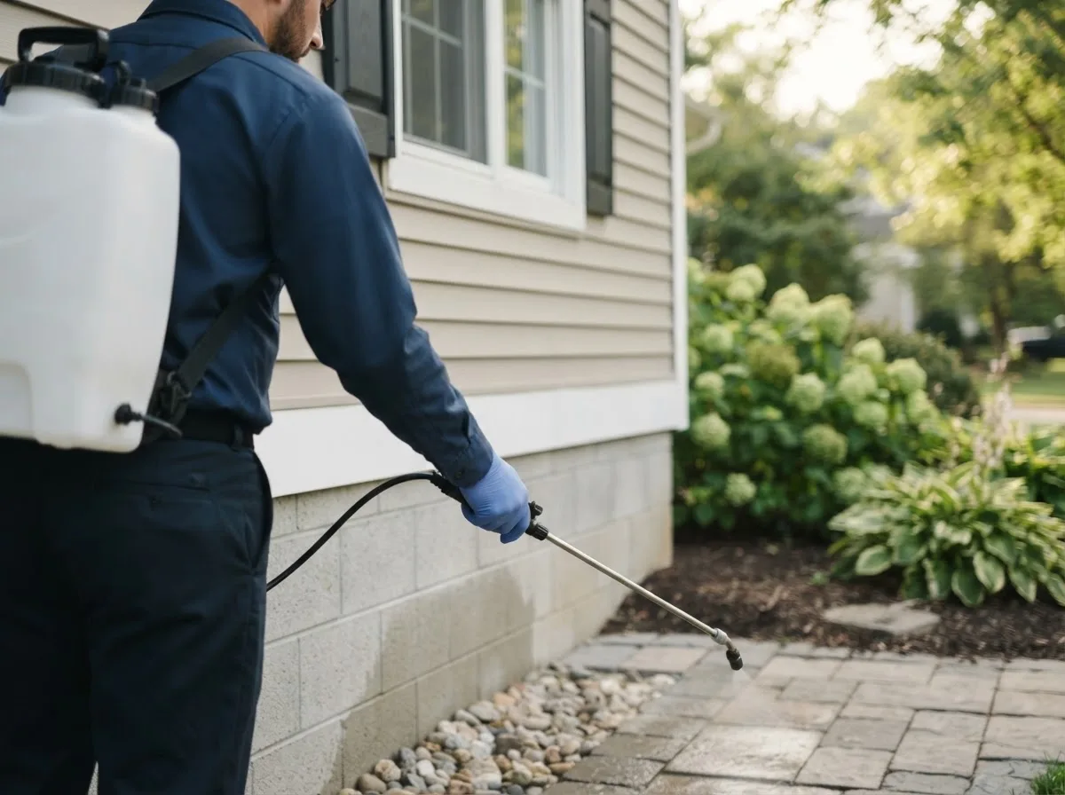 Pest control technician inspecting a home in Roeland Park, KS